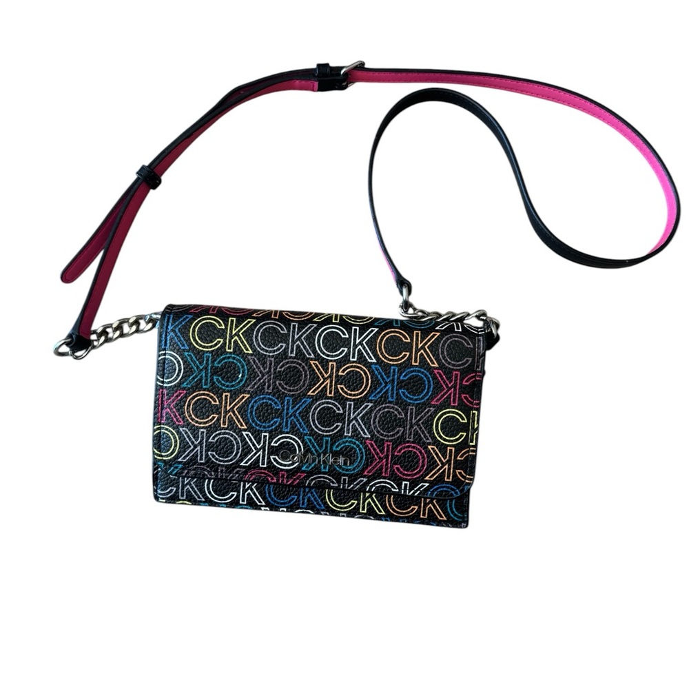 Calvin Klein Multicolor CK Logo Crossbody Purse Handbag Adjustable Pink Strap - Picture 3 of 14